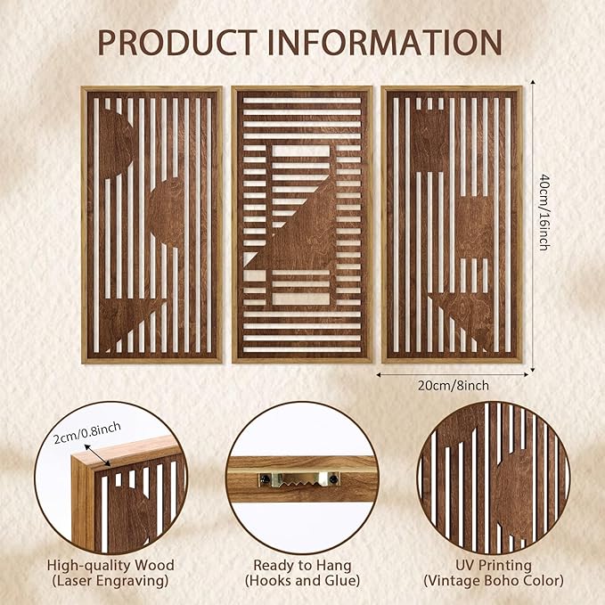 HPNIUB 3PCS Wooden Geometric Wall Decor, Modern Stripes Wood Design Wall Sculpture for Living Room, Vintage Minimalist Mid Century Rectangle Wood Sign Geometry Artwork for Home Bedroom(8x16Inch)