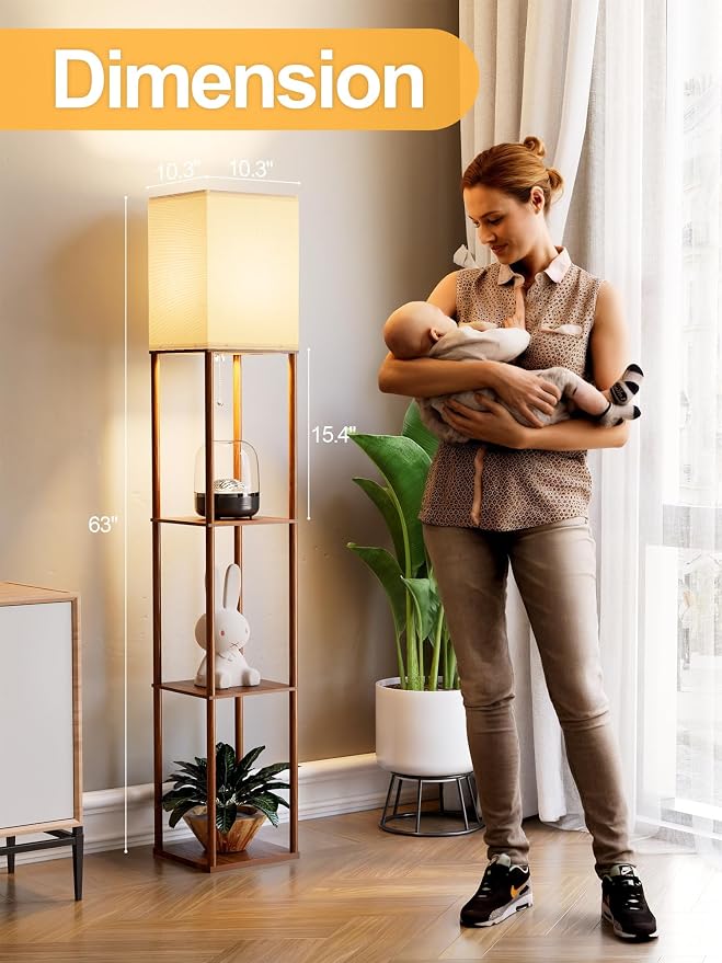 PARTPHONER Floor Lamp with Shelves for Living Room Walnut Brown 2 Pack, Shelf Floor Lamp with 3 CCT LED Bulb, Corner Display Standing Column Lamp Etagere Organizer Tower Nightstand for Bedroom