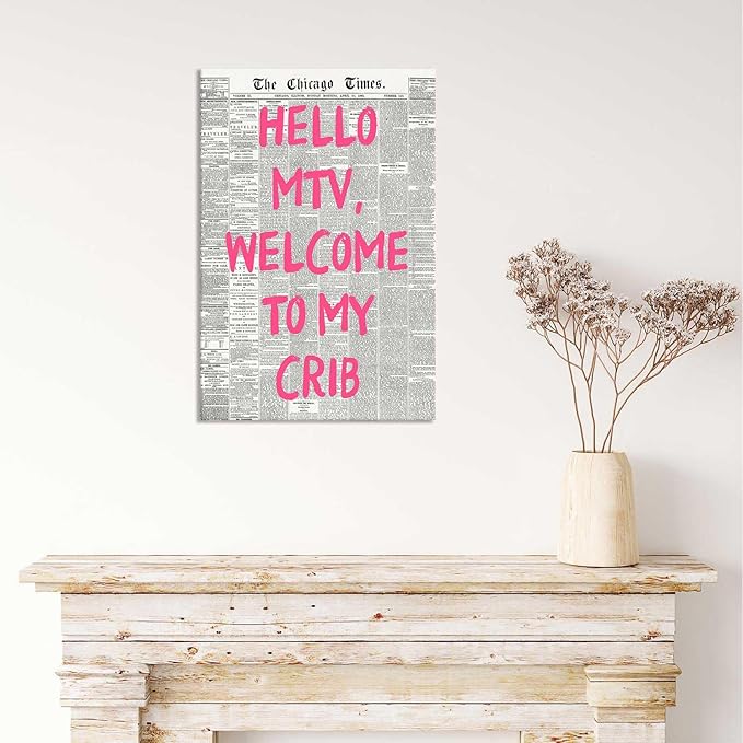 Retro Hello Mtv Welcome To My Crib Posters Pink Font Newspaper Canvas Wall Art Positive Affirming 70'S Room Aesthetic Prints Painting For Home Bedroom Dorm Wall Decor 8x12in Wframed