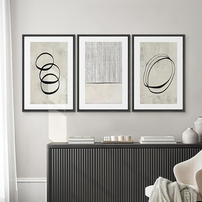 SIGNWIN Framed Canvas Print Wall Art Set Geometric Ring Grid Landscape Graffiti & Street Art Abstract Cozy Neutral Modern Art Decorative Nordic for Living Room, Bedroom, Office - 24"x36"x3 Black