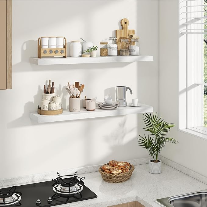 Dreamland Deep Floating Shelves, 8" Deep Long Shelves Set of 2, 40 Inches Floating Shelf for Wall,Large Display & Storage Shelf for Bathroom Bedroom Living Room Kitchen Office, White