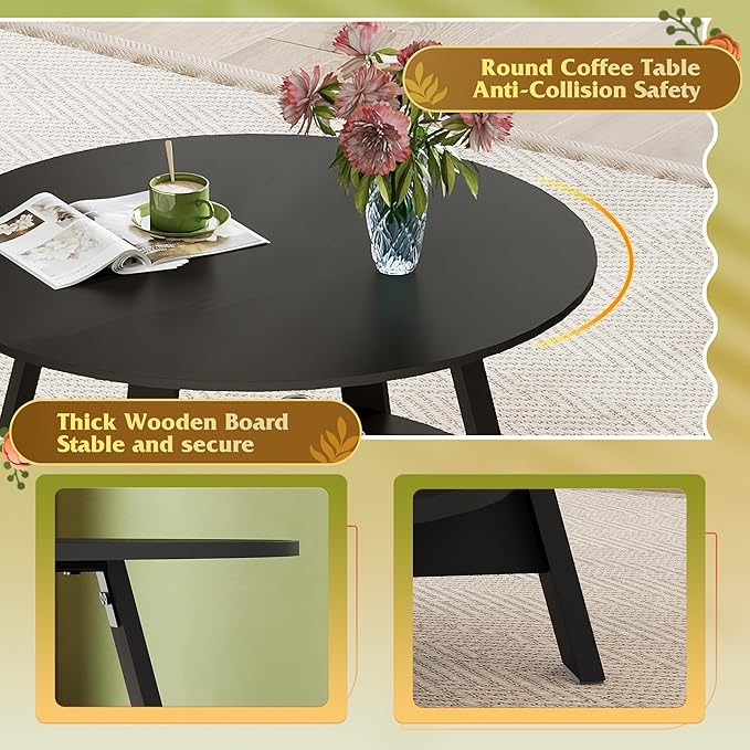 WLIVE Round Coffee Table, 2-Tier Wood Coffee Table with Storage Shelf, Tapered Legs, Circle Wood Small Center Table for Living Room, Apartment, Easy Assembly, Black