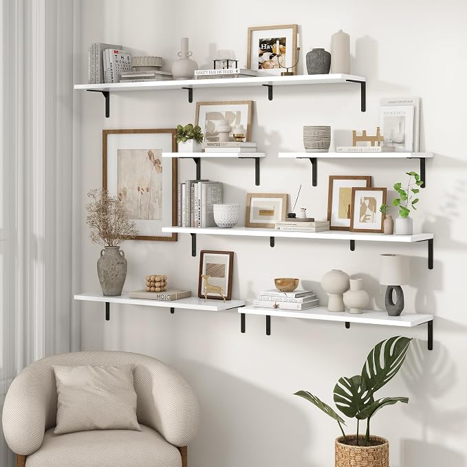 Fun Memories Deep Floating Shelves, 32W x 8D Floating Shelves Set of 2, Wall Mounted Shelf with Metal Brackets, Rustic Wood Wall Shelf for Bathroom, Kitchen and Living Room, White