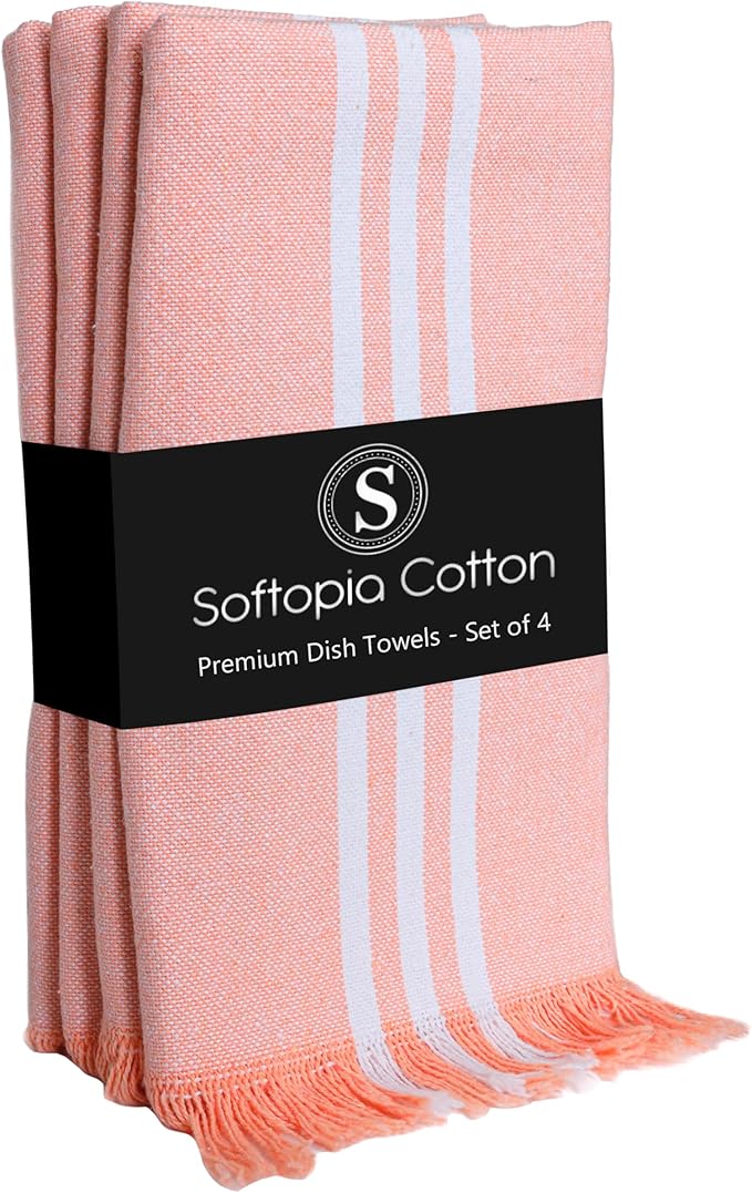Prewashed Stripe Dish Towels 4 Pack, 16x26 Inches, 100% Cotton Kitchen Cloths, Quick Drying Wash Rags, Reusable and Absorbent, Washable Towels for Cleaning, Cooking - Light Orange