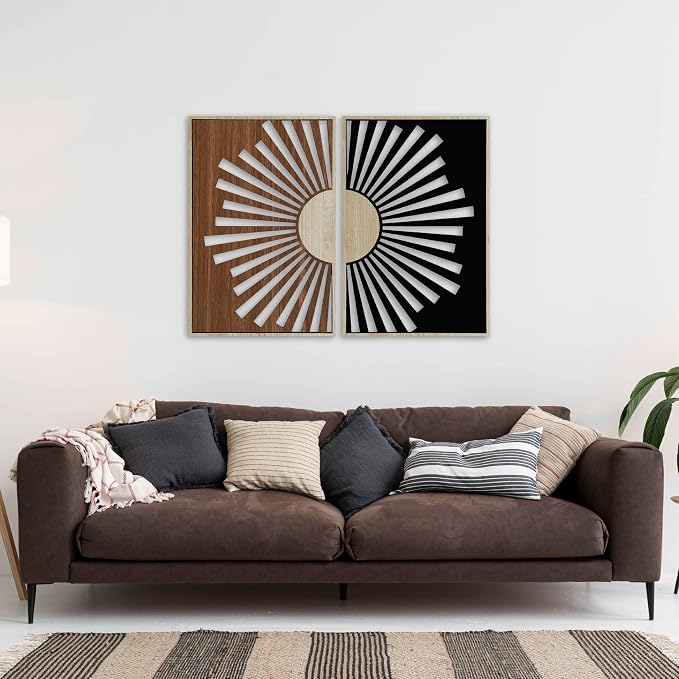Boho Sun Wood Wall Art Set of 2, Mid Century Modern Sunburst Wall Decor, Celestial Wooden Diptych Panels, Geometric New House Gift for Living Room and Bedroom