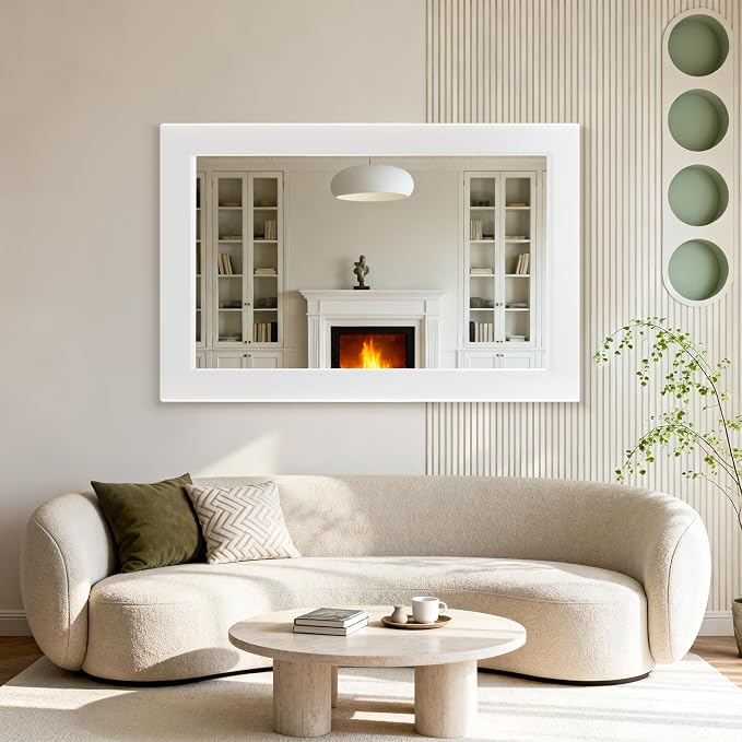 54''x36'' Rustic Wall Mirror for Bathroom White Wood Frame, Classic Rectangle Mirror Farmhouse Vanity Wall Mirror Decor Living Room, Bedroom, Entryway