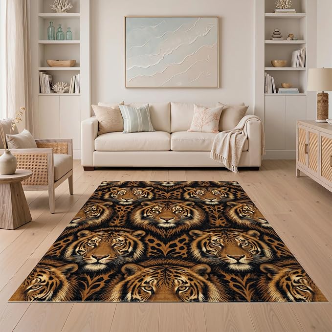 5'x7' Washable Flatwoven Rug, Orange Graphic Animal Print Stain Resistant Area Rug Non-Slip Low Profile Floor Covering for Guest Room, Lounge, Apartment | Ref:2229845