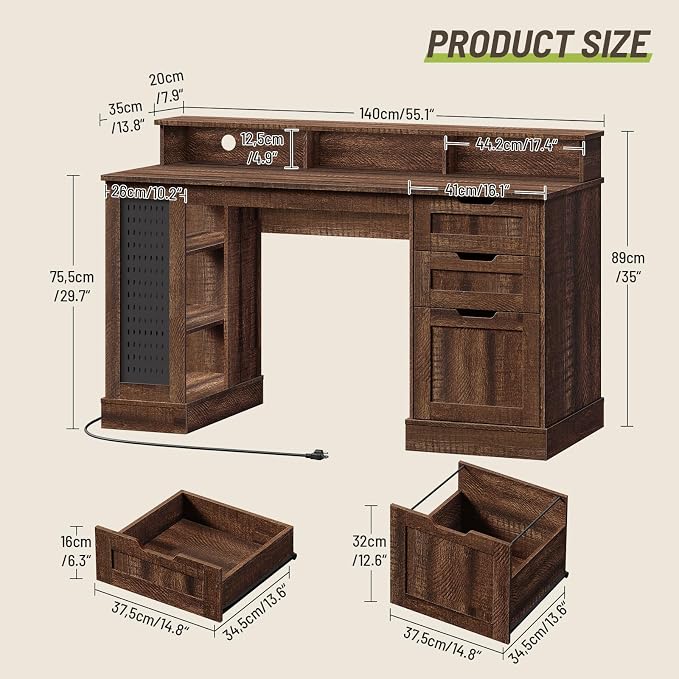 55inch Farmhouse Executive Desk with 2 Drawers and File Cabinet, Computer Desk with 3-Tier Storage Shelves, Home Office Desk with Charging Station, Pegboard and Monitor Shelf, Brown