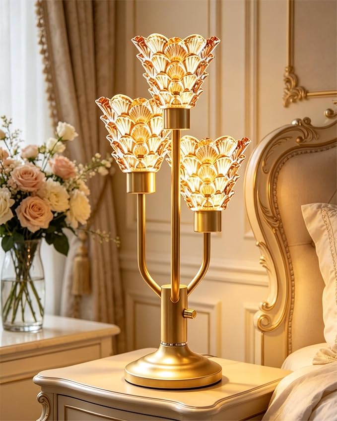 Lightdot Mid Century Modern Table Lamp for Living Room Dimmable Nightstand Lamp Vintage Gold Desk Lamp Amber Glass 3 Bulbs Included Warmwhite Ambient Bedside Lamps for Bedroom Home Office Decor Gift