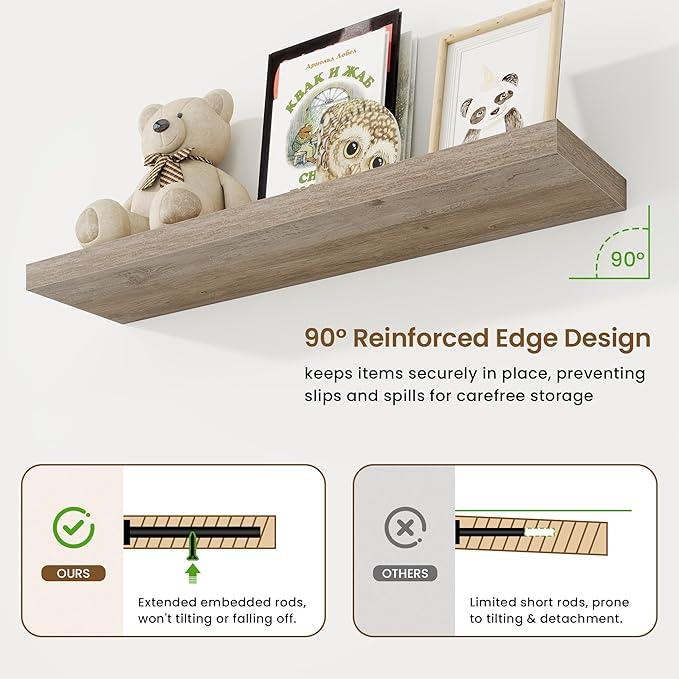 40in Floating Shelves for Wall, 40"W x 9.25"D x 1.25"H, 2 Pack Long Wall Mounted Engineered Wood Shelves with Invisible Brackets for Living Room, Bedroom, Bathroom, Kitchen Decor and Storage, Grey