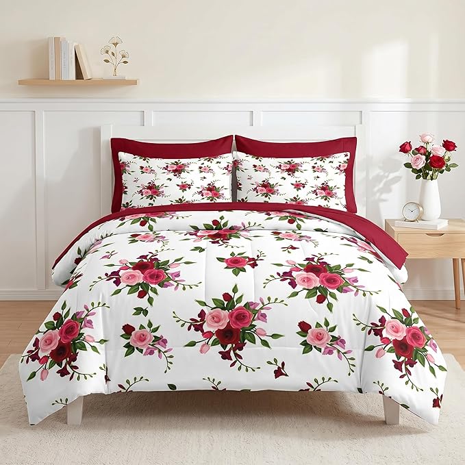 Nesker 5 Pcs Comforter Set Twin Size, Rose Flower Summer Bedding Set for Kids and Adults, Pink Red Floral Modern Bed Sheet Sets with Fitted Sheet Pillowcases & Shams
