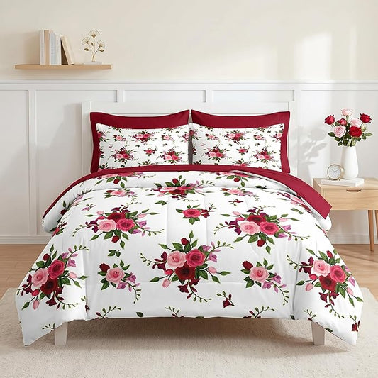 Nesker 7 Pcs Comforter Set Queen Size, Rose Flower Summer Bedding Set for Kids and Adults, Pink Red Floral Modern Sheets Bed Sheet Sets with Fitted Sheet 2 Pillowcases & 2 Shams