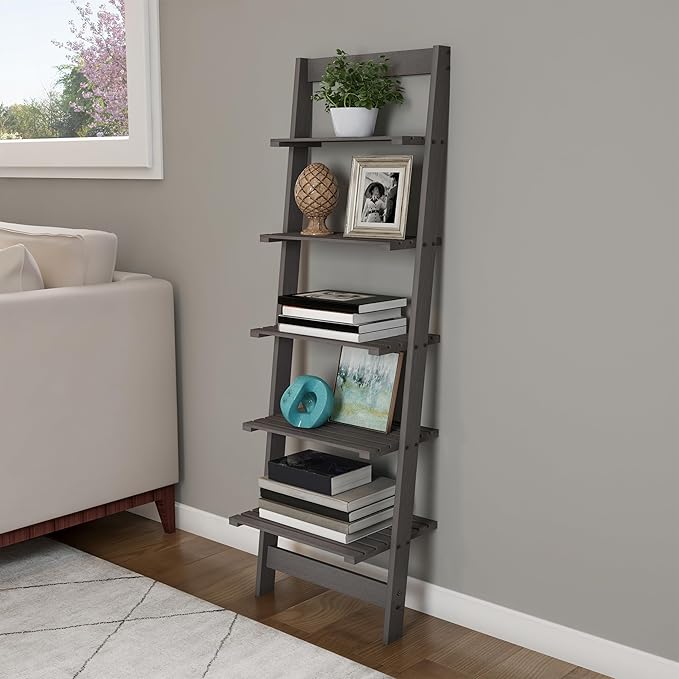 5-Tier Ladder Shelf - 50-Inch Narrow Leaning Bookshelf - Wooden Bookcase for Living Room, Bathroom, Kitchen, Office, or Bedroom Furniture by Lavish Home (Gray)