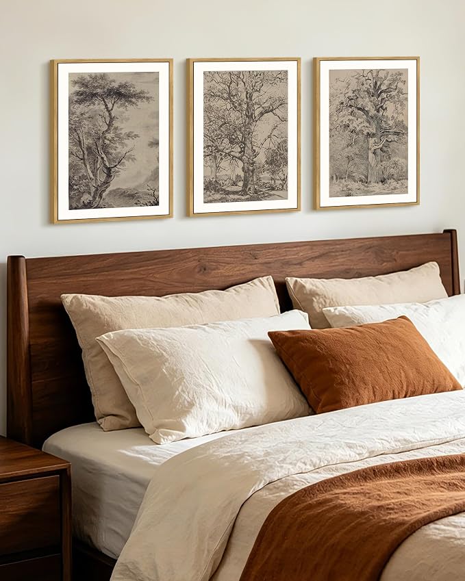 KUVIOKE Vintage Tree Framed Wall Art Retro Antique Forest Drawings Nature Wilderness Sketch Wall Painting Modern Decor 12x16in (Natural Framed)