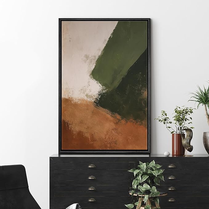 MUDECOR Framed Canvas Print Wall Art Green and Terracotta Minimalist Abstract Contemporary Illustrations Fine Art Decorative Zen Multicolor Country/Farmhouse Retro for Bedroom - 16"x24" BLACK