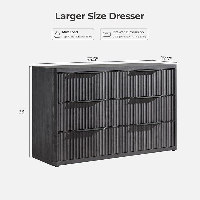 SICOTAS Dresser for Bedroom 53.5" Wide 6 Drawer Dressers & Chests of Drawers for Closet Long Large Modern TV Stand Set for Clothes Storage Fluted Clothes Closet for Hallway Entryway, Dark Grey Alder