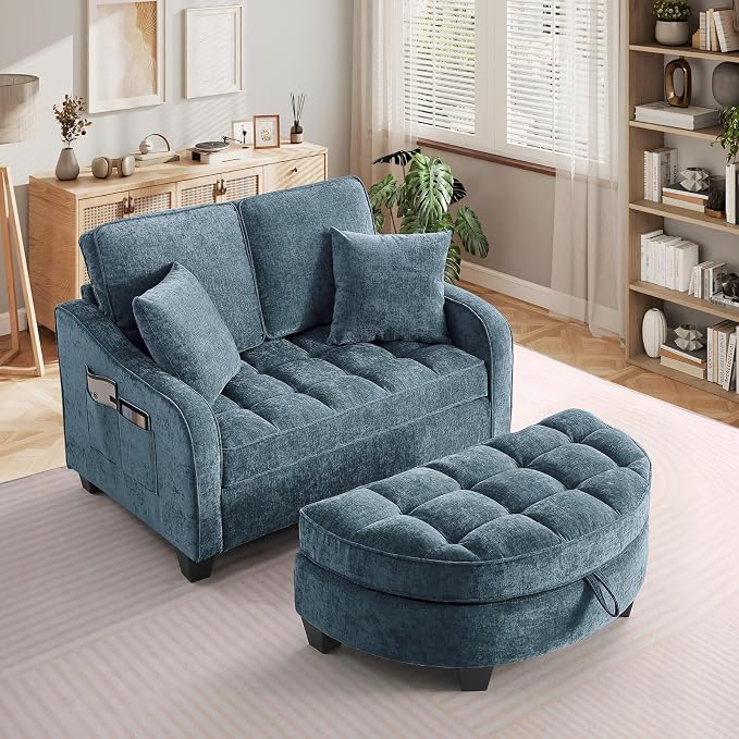 Oversized Chaise Lounge Chair Indoor with Ottoman, Chenille Tufted Comfy Loveseat Sofa Chair with Adjustable Backrest, Fluffy Recliner Sofa, Convertible Sleeper Couch Bed for Living Room(51"W, Blue)