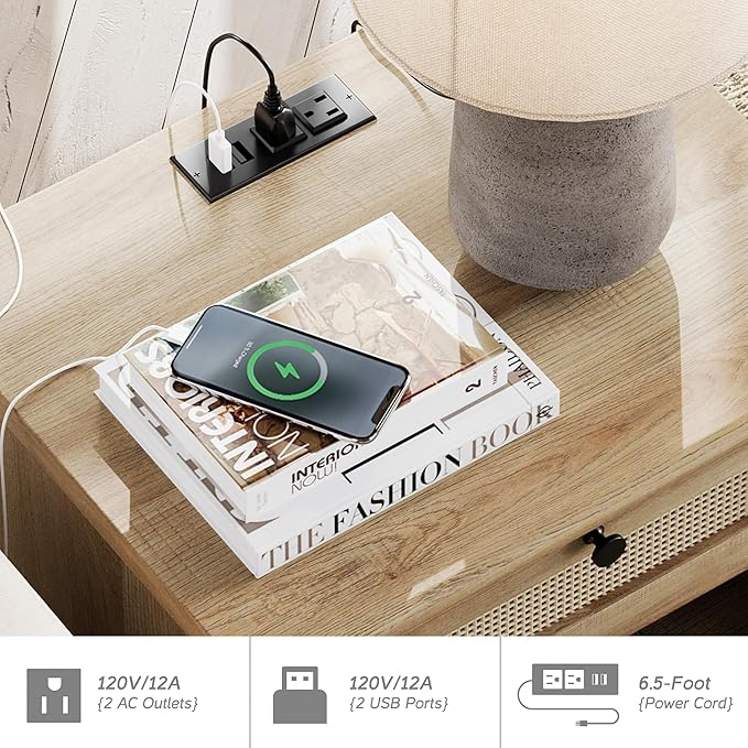 WAMPAT Rattan End Table with Charging Station for Living, Small Sofa Side Table with 2 Drawers & Open Shelf, Farmhouse Wooden Night Stand Retro Bedside Table for Living Room, Light Oak
