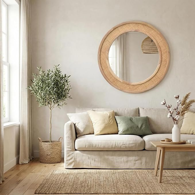 24" Round Rattan Mirror, Circle Wall Mirror, Farmhouse Wooden Vanity Mirror with Handmade Wicker Frame, Decorative Boho Mirror for Nursery Bedroom Living Room Entryway Nature