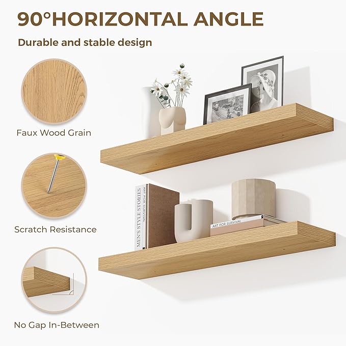 Dreamland 48 Inches Floating Shelves for Wall, 9.3" Deep Long Floating Shelves Set of 1, Large Display & Storage Shelf, Wall Shelf for Bathroom Bedroom Living Room Kitchen Office, Oak