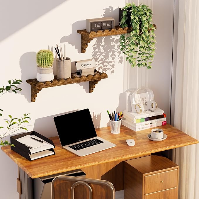 Scalloped Wood Wall Shelf – 17 Inch Floating Shelf with Wood Brackets, Easy to Install Rustic Wall Shelf for Living Room, Bedroom, Bathroom, or Any Space
