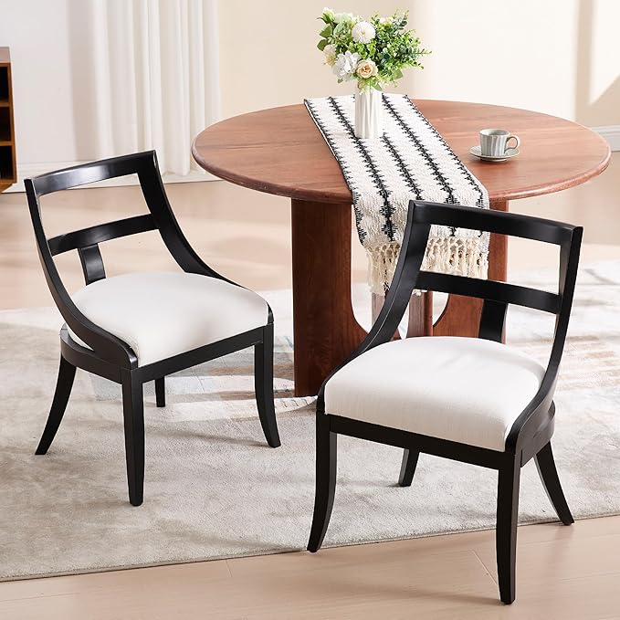 Modern Farmhouse Dining Chairs Set of 4 Mid Century Upholstered Dining Chair with Wooden Curved Back Kitchen Chairs for Dining Room Restaurant Cafe, Black-Linen Beige