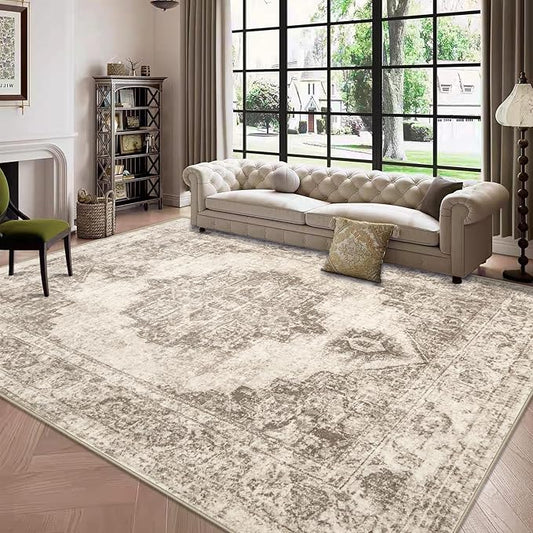 Area Rug 6x9 Vintage Rugs: Washable Indoor Medallion Rug Low Pile Distressed Floor Carpet Retro Accent Rugs for Living Room Bedroom Kitchen Dining Table Home Office(Taupe, 6'x9')