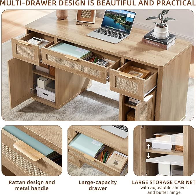 LEYAOYAO 56'' Rattan Farmhouse Executive Desk with Drawers, Wood Home Office Desk with File Cabinet and Metal Handles, Large Vintage Computer Desk for Home, Bedroom, Living Room （Natural）