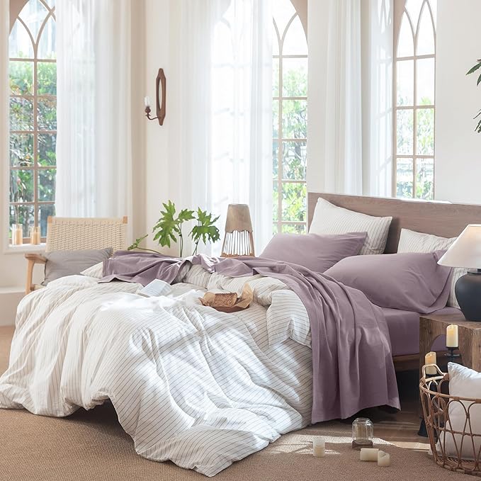 MooMee Bedding Sheet Set 100% Washed Cotton Linen Like Textured Breathable Durable Soft Comfy (Solid Taro Purple, Queen)