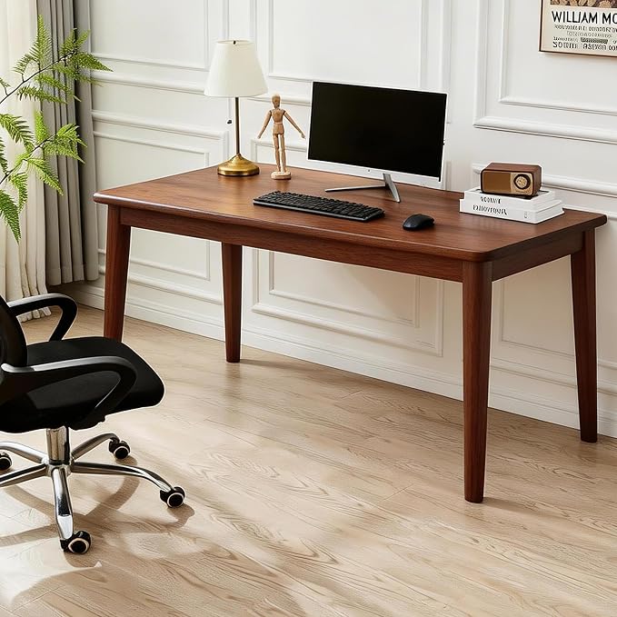 Solid Rubberwood Writing Desk Modern Wooden Computer Table for Bedroom Home Office Study Apartment Small Space Workstation with Tapered Legs,Spacious Tabletop (Walnut,62.99"L x 19.69"W x 29.53"H)