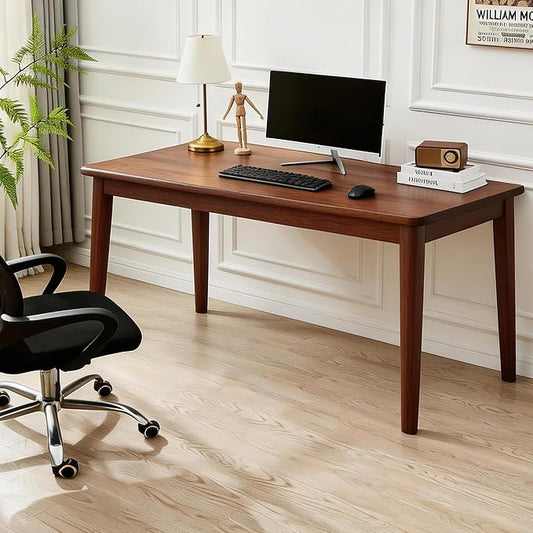 Solid Rubberwood Writing Desk Modern Wooden Computer Table for Bedroom Home Office Study Apartment Small Space Workstation with Tapered Legs,Spacious Tabletop (Walnut,62.99"L x 19.69"W x 29.53"H)