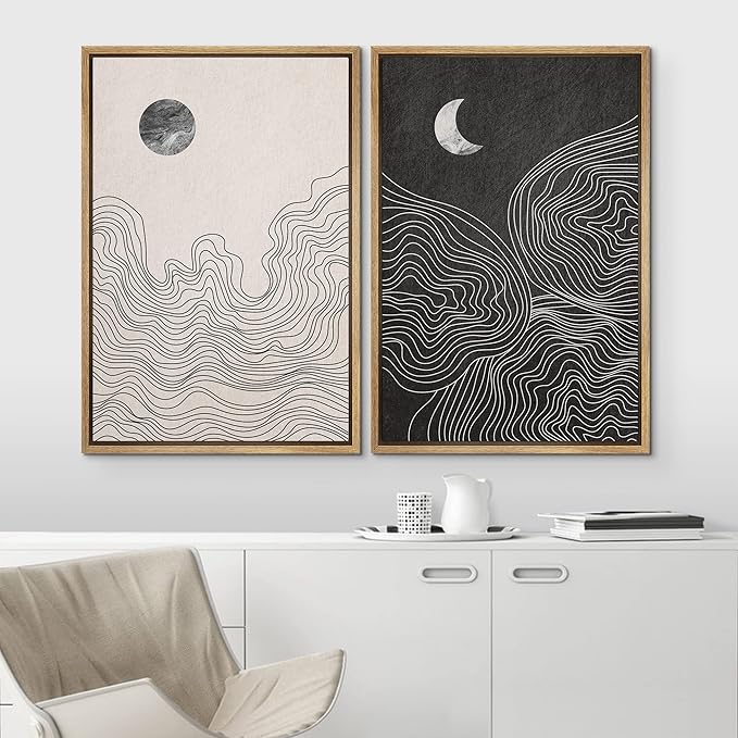 IDEA4WALL Framed Canvas Print Wall Art Set Watercolor Pastel Duotone Sun Moon Abstract Nature Illustrations Modern Art Chic Landscape Neon for Living Room, Bedroom, Office - 16"x24"x2 Natural