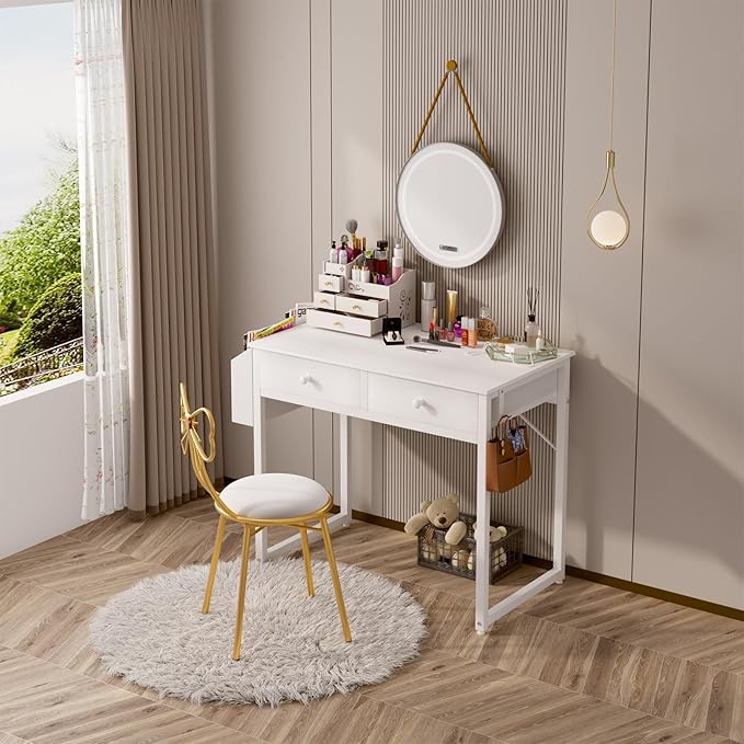 Lufeiya Small White Kids Desk with Drawers for Bedroom, 32 Inch Home Office Desks with Fabric Storage Drawer and Bag, Study Writing Vanity Table for Small Spaces, White