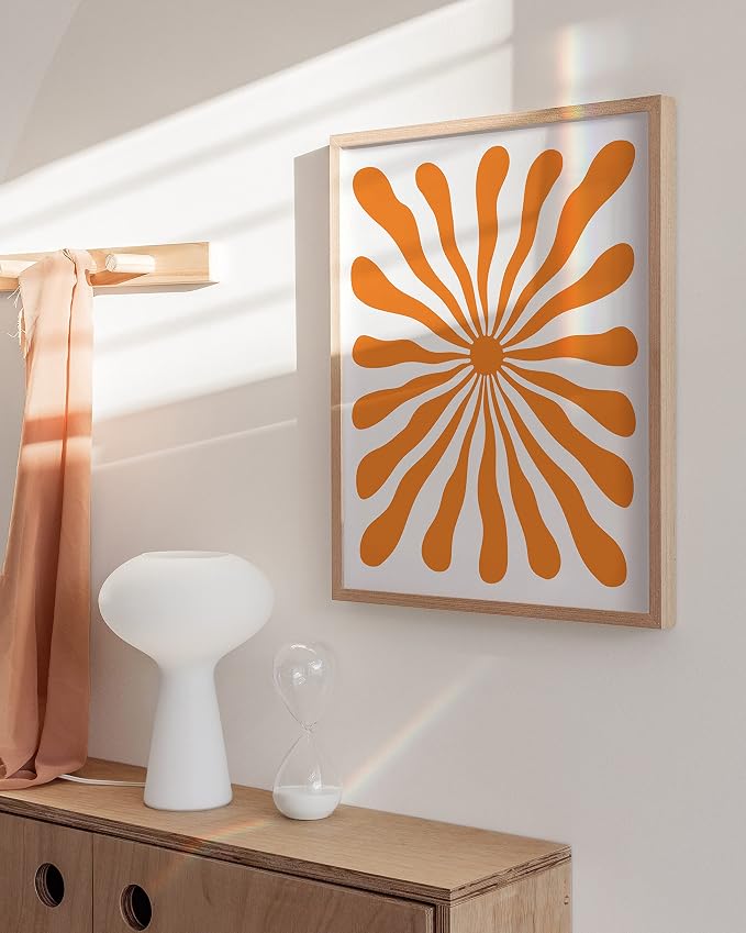 HAUS AND HUES Orange Abstract Sun Art - Bright Sunset Wall Decor, Colorful Wavy Print (Beige Frame, 12x16)