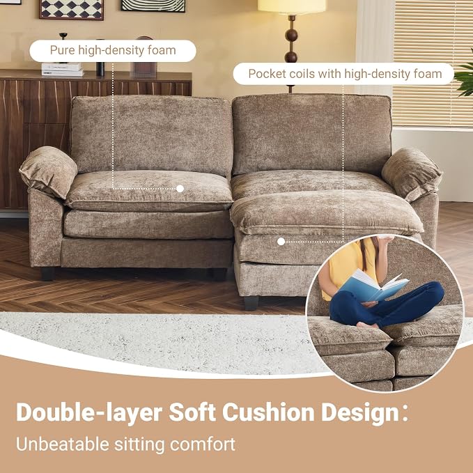 VINGLI Convertible Sectional Loveseat Sofa with Deep Seat &Movable 2-Layer Ottoman, Oversized L-shape Cloud Sofa with Chaise & Armrests, 2-Seat Sofa for Small Spaces & Apartment, Chenille, Light-Brown