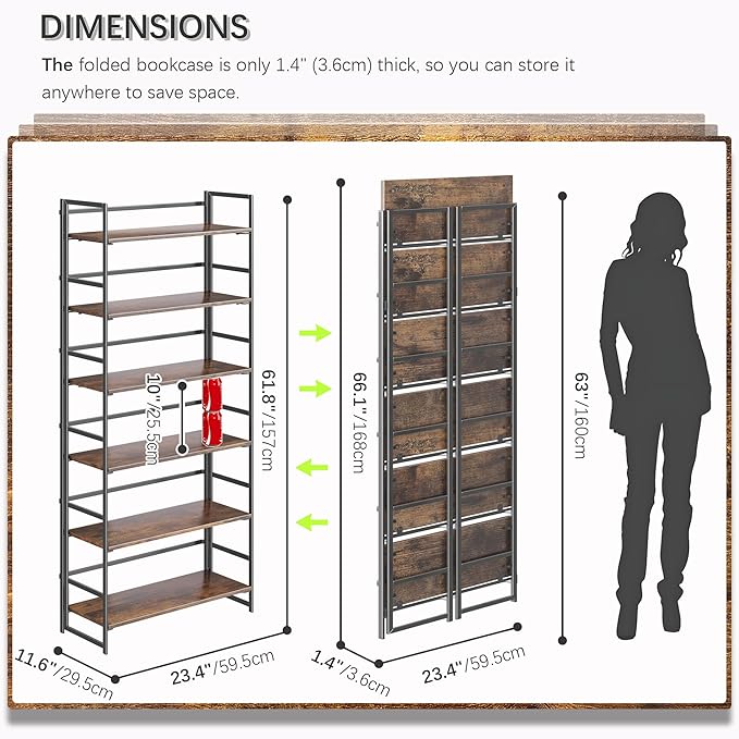 4NM No Assembly 6 Tiers Collapsible Book Shelves, 61.8" H Folding Bookshelf Bookcase Open Industrial Foldable Shelves for Bedroom, Living Room, Home Office - Rustic Brown Black
