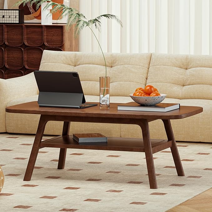 100% Solid Oak Wood Coffee Table with Storage Shelf, 2-Tier Rectangle Coffee Table for Living Room, Modern Center Table for Living Room (Walnut Colour, 47.24" W x22.05 D x 17.32" H)