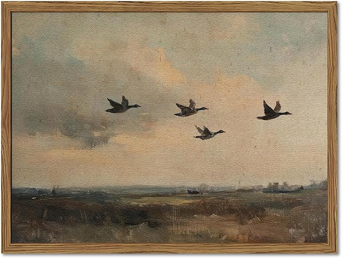 Vintage Flying Duck Wall Art, Rustic Landscape Wall Decor Retro Bird Painting Nature Wilderness 3D Textured Hand Drawn Sandstone Artwork Aesthetics for Bedroom Living Room 16x24 inch Wood Framed