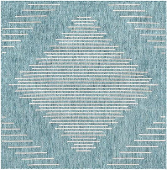Rugs.com Outdoor Modern Collection Rug – 5' 3 Square Light Aqua Flatweave Rug Perfect for Living Rooms, Kitchens, Entryways