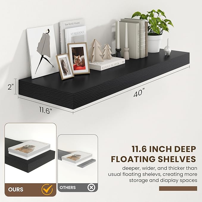 Deep Floating Shelves | 40 Inch Black Floating Shelves Set of 2 | 12 Inch Deep Wood Wall Shelves | 40" W x 12" D Black Shelves for Bathroom Living Room Kitchen Laundry Room