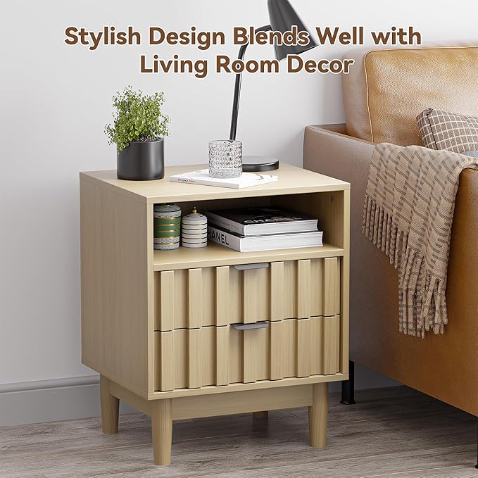 Fluted Nightstand with 2 Drawers, 19" Wide Night Stand with Solid Wood Legs, Open Storage Shelf, Mid Century Modern Wooden Bedside Table for Bedroom, Bed End Side Table, Oak