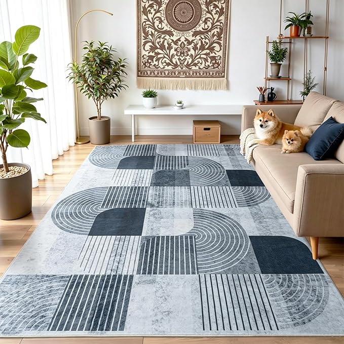 4x6 Grey Area Rugs for Bedroom Living Room - Soft Washable Modern Rug Non-Slip Geometric Gray Carpet Indoor Floor Abstract Mat for Dining Room Nursery Office Home Decor, 4 x 6 Rug