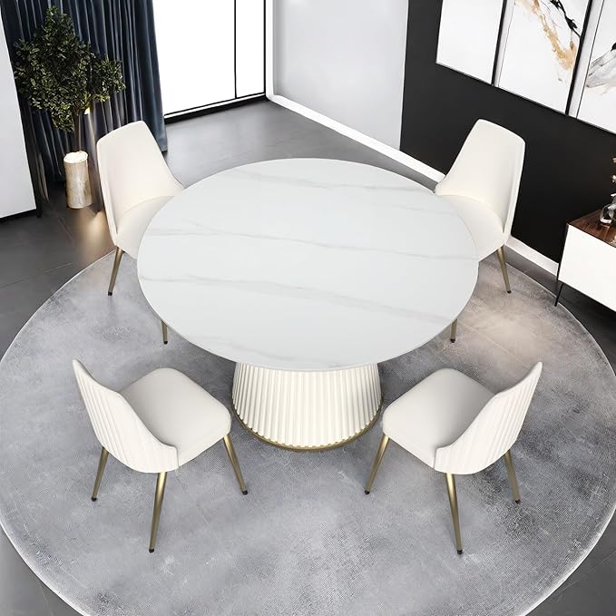 Leavader 53'' Round Dining Table Set, White Sintered Stone Tabletop and Cylindrical Base, 1 Table and 4 Chairs Set for Dining Room/Living Room/Kitchen