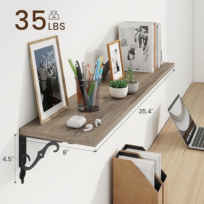 RICHFOCUS Floating Shelves for Wall Decor, 35.4W x 8D Wall Shelves Set of 2, 8 Inch Deep Rustic Wood Shelves Wall Mounted with Brackets, Long Floating Shelves for Living Room Bedroom Kitchen, Grey