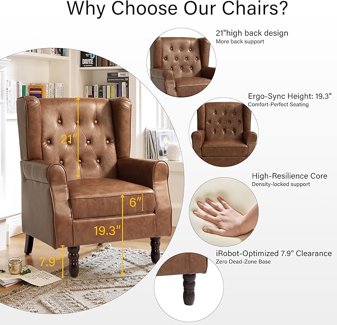 Lumibee High Back Accent Chair,Upholstered Faux Leather Wingback Armchair with Solid Wood Legs for Small Spaces,Comfy Single Sofa Chair for Living Room,Bedroom,Office-Brown