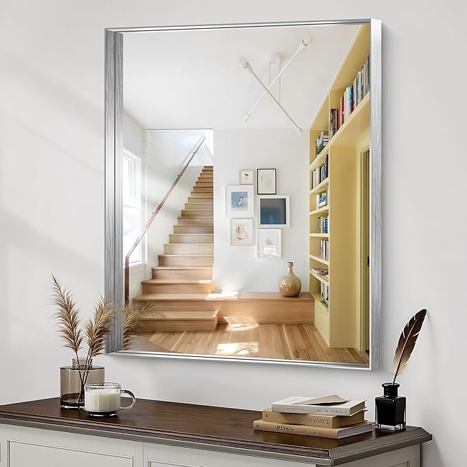 CIRCUMI Silver Bathroom Mirror, 30"x36" Rectangular Mirror with Deep Metal Frame, Brushed Finish, Tempered Glass, Mirror for Wall, Oversink, Bedroom, Installed Vertically/Horizontally, Crystal-Clear