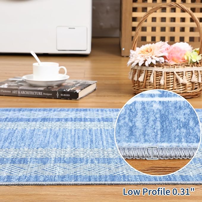 GarveeHome Washable 2.5x10 Kitchen Runner Rug, Easy Clean Geometri Rugs for Hallway Entryway, Indoor Outdoor Non Slip Rug Farmhouse Morden Carpet Door Mat Area Rug for Laundry Room Light Blue