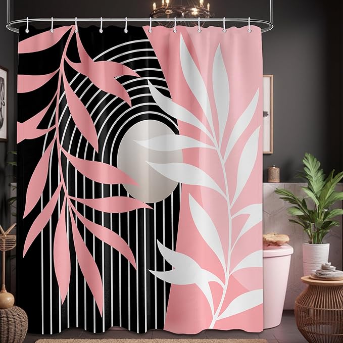 Pink Shower Curtain Boho Mid Century Black and Pink Shower Curtains for Bathroom Decor, Waterproof Cloth Fabric with Hooks, 70" W x 84" L (Pack of 1)