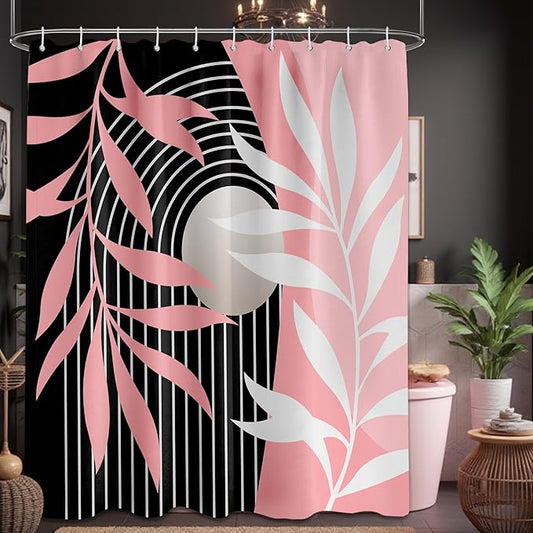 Pink Shower Curtain Boho Mid Century Black and Pink Shower Curtains for Bathroom Decor, Waterproof Cloth Fabric with Hooks, 70" W x 84" L (Pack of 1)