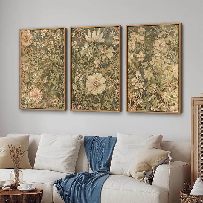 SIGNINART Vintage Floral Framed Canvas Wall Art Set of 3, Mid Century Modern Wildflower Wall Decor, Neutral Botanical Artwork, Retro Plant Art Prints for Bedroom, Living Room, Office 24"x36"